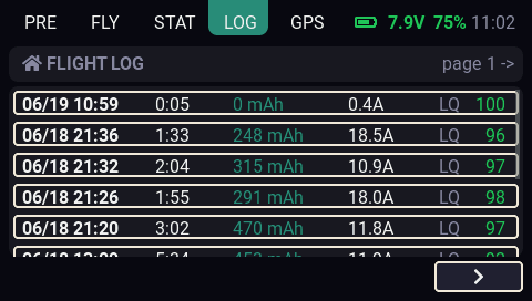 EdgeDeck LOG tab showing paged per-battery session history