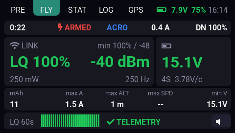 EdgeDeck FPV telemetry dashboard on the FLY tab