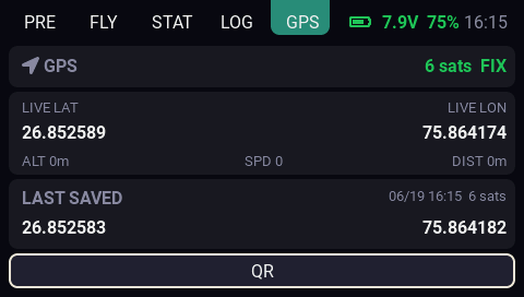 EdgeDeck GPS tab showing live and last-saved coordinates