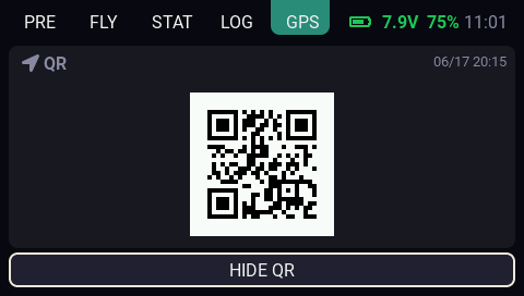 EdgeDeck GPS tab showing a QR code for the last saved position