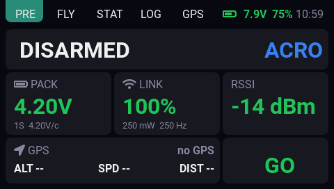 EdgeDeck PRE tab showing disarmed state, healthy link values, and no GPS fix yet