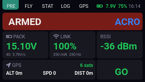 EdgeDeck PRE tab showing armed state, mode, pack voltage, link quality, RSSI, GPS satellite count, and readiness