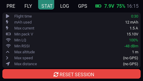 EdgeDeck STAT tab showing session duration, mAh used, max current, minimum pack voltage, and link minimums