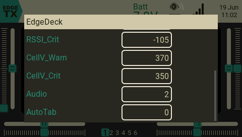 EdgeDeck settings screen showing battery, audio, and AutoTab options
